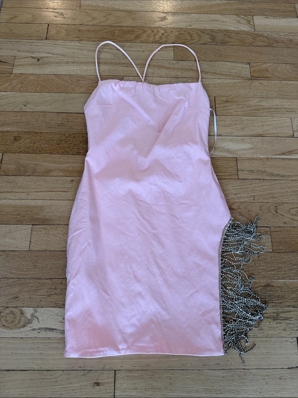 White Fox Boutique Pink Satin Slip Dress with Beaded Fringe